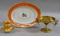 English Armorial Porcelain Platter a Paris Porcelain Gilt Cup and Saucer and a Napoleon III Bronze Compote