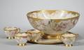 Gilt and Handpainted Grapevinedecorated T  V Limoges Porcelain Punch Bowl with Undertray and Twelve Cups