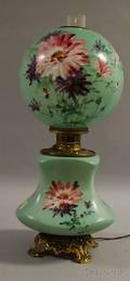 Late Victorian Handpainted Floraldecorated Glass and Brass Kerosene GonewiththeWind Lamp