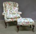 TaylorKing Queen Annestyle Printed Floral Pattern Upholstered Carved Mahoganyfinished Wing Chair with Ottoman