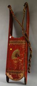 Redpainted and Horse Portrait Decorated Wooden and Sled