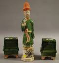 Asian Pottery Figure and Two Green Glazed Pottery Stands