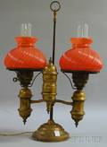 Brass Double Student Lamp with Painted Glass Shades