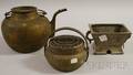 Two Chinese Metal Incense Burners and a Brass Teapot