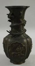 Chinese Cast Bronze Lobed Vase with Dragon Figure
