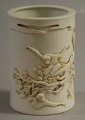 Asian White Glazed Reliefdecorated Porcelain Brush Pot