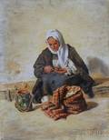Continental School 20th Century Portrait of a Seated Female Merchant Selling Eggs
