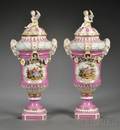 Pair of KPM Porcelain Pink Ground Vases and Covers