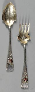 Pair of Whiting Sterling and Copper Aesthetic Movement Salad Servers