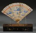 Chinese Export Parcel Gilt Silver Filigree and Cloisonne Enamel Fan in Lacquer Case