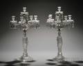 Pair of Colorless Glass Candelabra with Frosted Caryatidform Stems