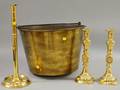Large Brass Kettle and Three Brass Candlesticks