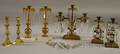 Giltmetal Girandole Candelabra Two Pairs of Giltmetal Girandole Candlesticks and a Pair of Brass Candlesticks