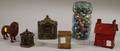Aqua Glass Canning Jar of Glass Marbles Four Painted Cast Iron Still Banks and a Redpainted Tin Houseform Bank