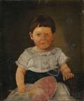 American School 19th Century Oil on Canvas Portrait of a Child Holding a Japanese Hand Fan