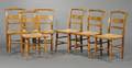Set of Six Classical Tiger and Birdseye Maple Side Chairs with Woven Rush Seats