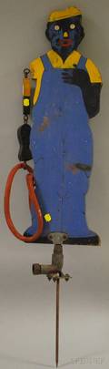 Painted Wooden Black Gardener and Hose Sprinkler Figure