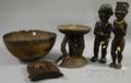 Two African Carved Wooden Figures and a Neck Rest Stool and Bowl