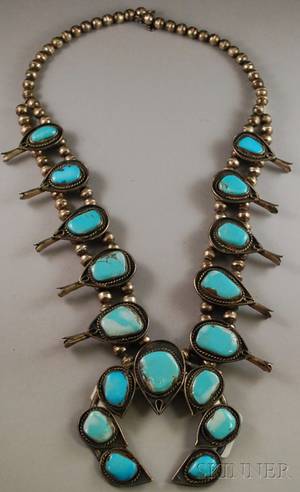 Native American Southwest Zuni Silver and Turquoise Squash Blossom Necklace