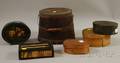 Four Small Wood Lapsided Boxes a Wooden Pail and a Quill and Ebony Slidelid Box