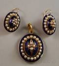 Antique 14kt Gold Seed Pearl Diamond and Blue Enamel Demiparure