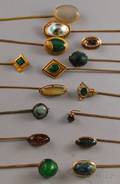 Group of Fifteen Mostly Green Stone Stickpins