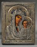 Russian Icon with Sterling Silver Riza Depicting Kazan Mother of God