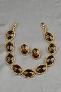 Gilded Metal and Faux Citrine Glass Necklace and Earclips Hattie Carnegie