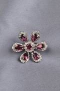 Platinum Garnet and Diamond Flower Brooch