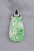 14kt White Gold Carved Jade Black Onyx and Diamond Pendant