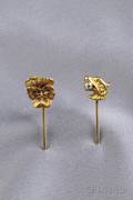 Two Art Nouveau 14kt Gold and Diamond Figural Stickpins