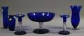 Threepiece Pairpoint Attributed Cobalt and Colorless Glass Console Set and Three Cobalt Glass Vases