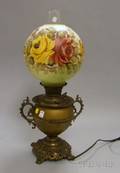 Late Victorian Brass Kerosene Table Lamp with Painted Floral Decorated Glass Globe