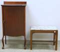 Mahogany and Mahogany Veneer Bowfront Music Cabinet and a Small Upholstered Bench