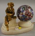 Art Deco Goldpainted Metal Figural Girl Pirate and Alabaster Table Lamp with Millefiore Art Glass Shade