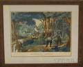 Framed C Brothers Handcolored Lithograph Hunting Scene Deer Shooting