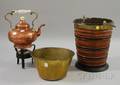 Copper Hot Water Kettle on Stand a Brass Pot and a Brassmounted Partialebonized Turned Wood Bucket