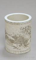 Chinese Cylindrical Porcelain Relief Decorated Brush Pot