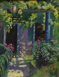 Attributed to Anne Cary Bradley American 18841956 View of a White Cat Beneath an Arbor