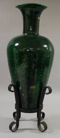 Large Iridescent Green Majolica Glazed Pottery Vase in a Wrought Iron Stand