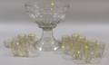 Heisey Colorless Pressed Greek Key Pattern Punch Bowl on Pedestal and Eighteen Cups