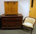 Late Victorian Upholstered Carved Maple Parlor Armchair a Victorian Painted Pine Cottage Commode and a Mahogany Dresser