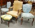 Pair of Rococostyle Upholstered Shieldback Beechwood Side Chairs an Upholstered Carved Maple Armchair and a Makedo Stool