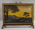 Art Nouveau Giltgesso and Wood Framed Fireplace Screen with a Watercolor on Paper Landscape at Sunset Scene under Glass