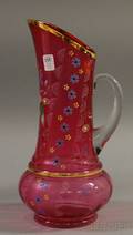 Large Gilt and Enamel Decorated Cranberry Art Glass Pitcher