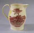 Liverpool Red Transfer Landscape and Genre Scene Decorated Creamware Pitcher