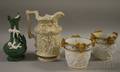 Pair of German Classicalstyle Gilt Porcelain Cache Pots a Jasper Figural Vase and an English Salt Glazed Molded Stoneware Pitcher