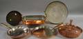 Five Copper Pans and a Copper Double Handled Roasting Pan
