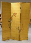 Asian Gilt and Handpainted Floral Decorated Paper ThreePanel Folding Floor Screen
