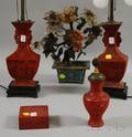Four Chinese Cinnabar Items and a Carved Hardstone Flowering Tree in a Cloisonne Planter